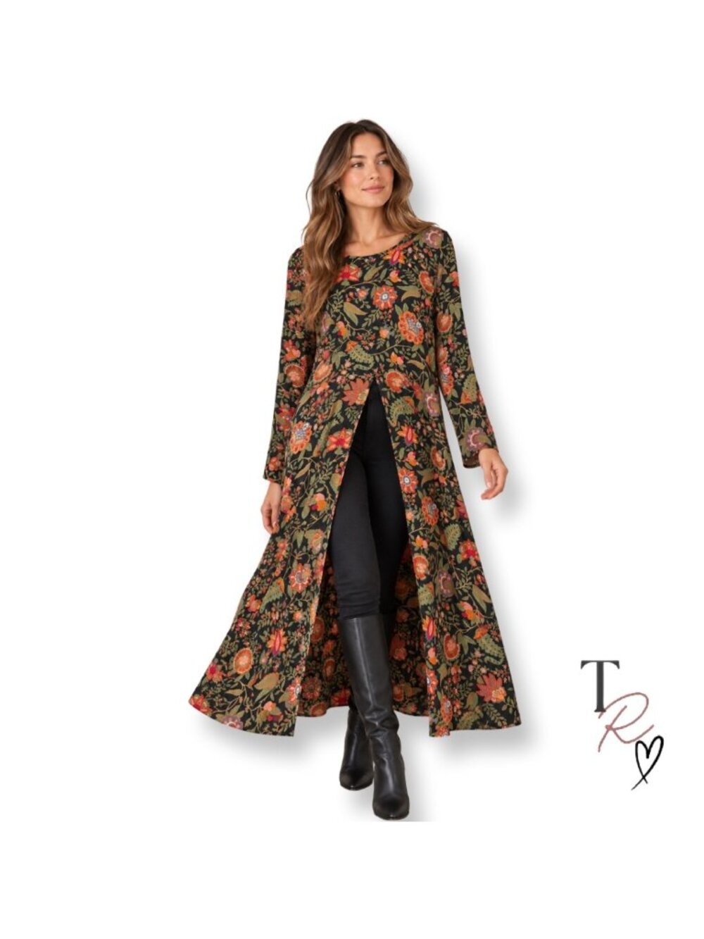 Vintage 100% Silk Boho Botanical Dark Whimsy Split Front Duster Tunic Dress 16